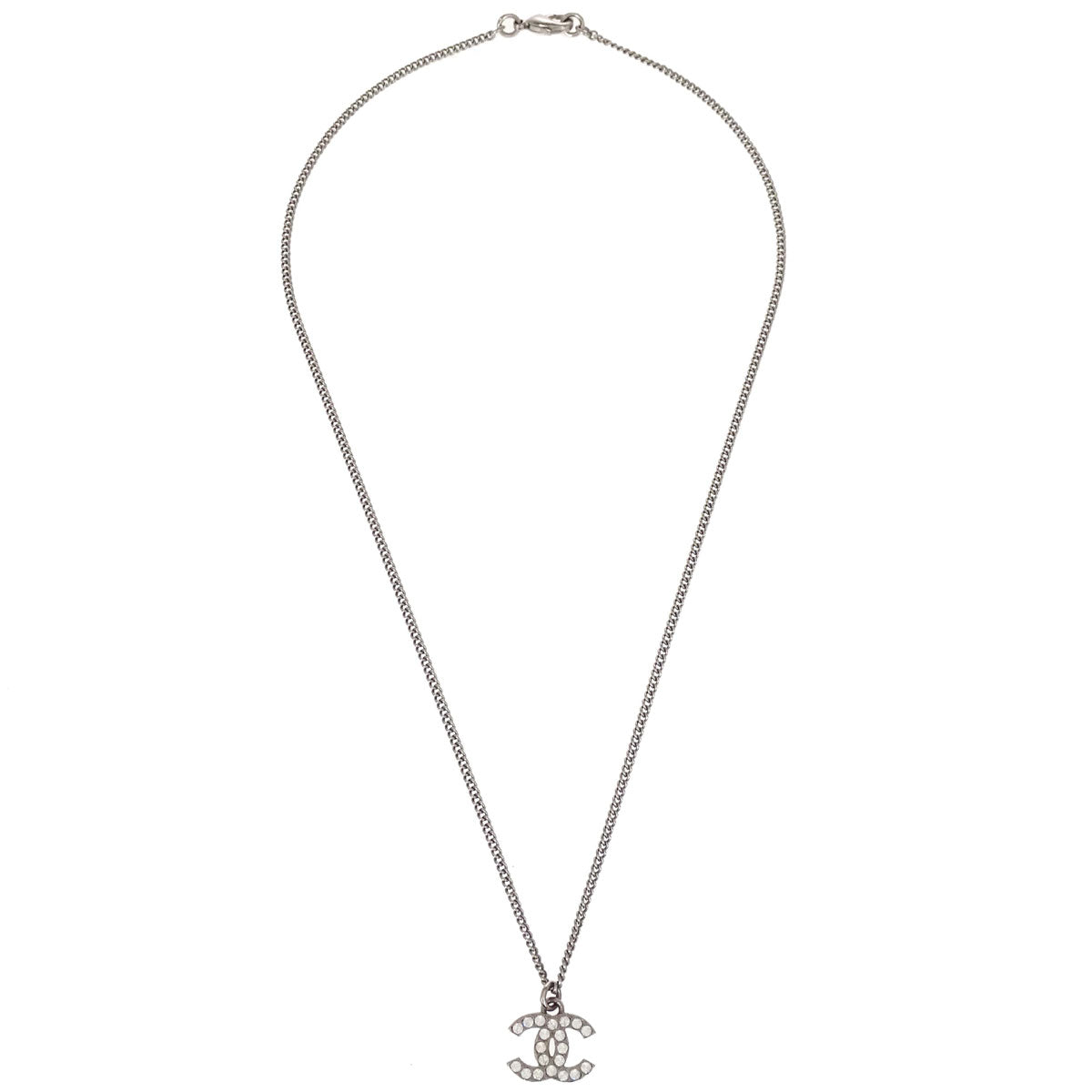 Chanel CC Chain Necklace Pendant Silver Rhinestone F12V
