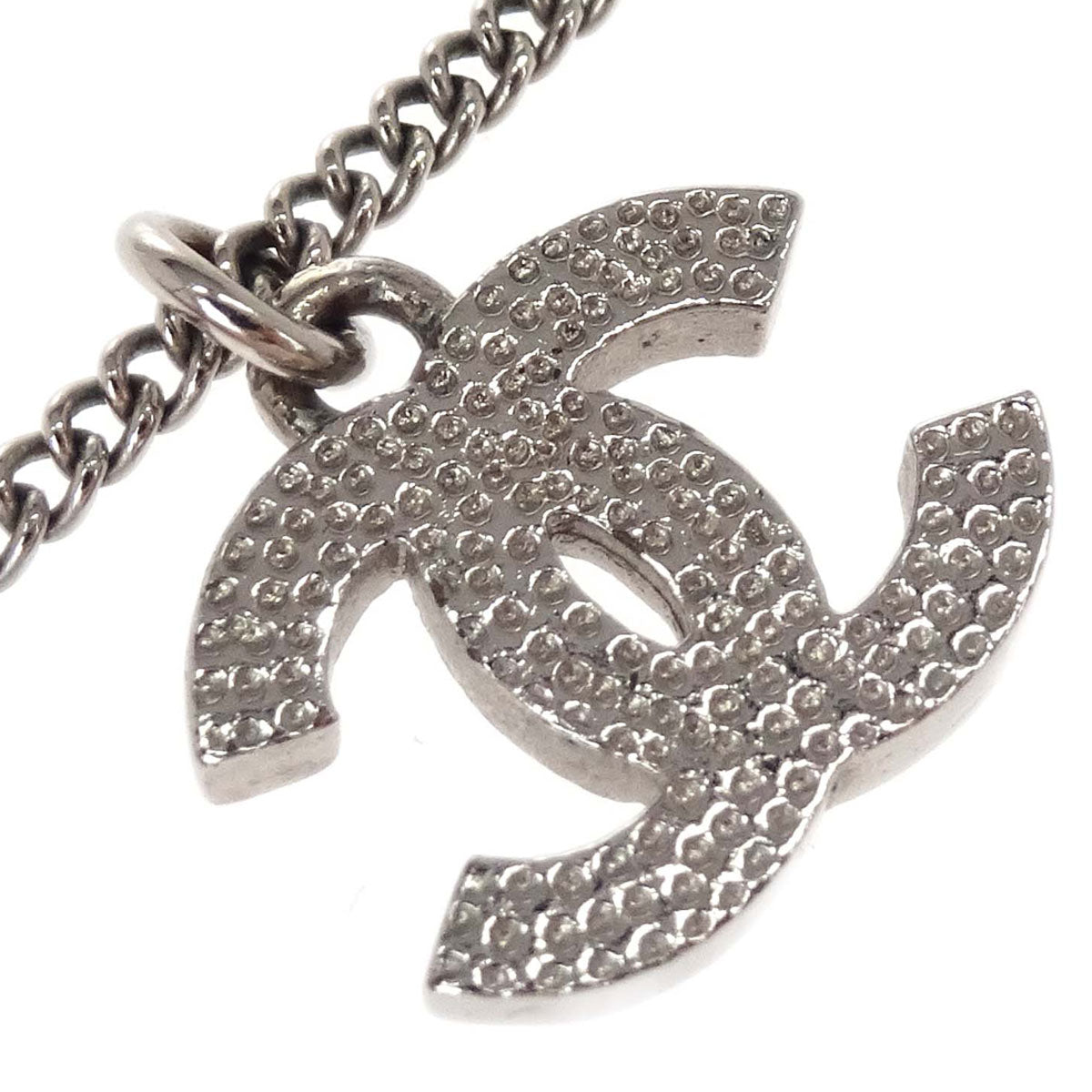 Chanel CC Chain Necklace Pendant Silver Rhinestone F12V