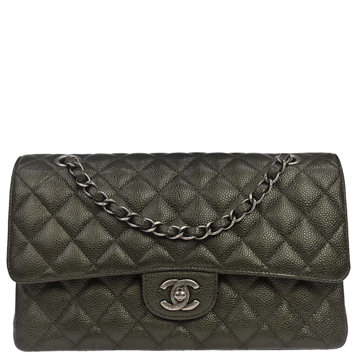 Chanel 2017 Metallic Green Caviar Skin Medium Classic Double Flap Shoulder Bag