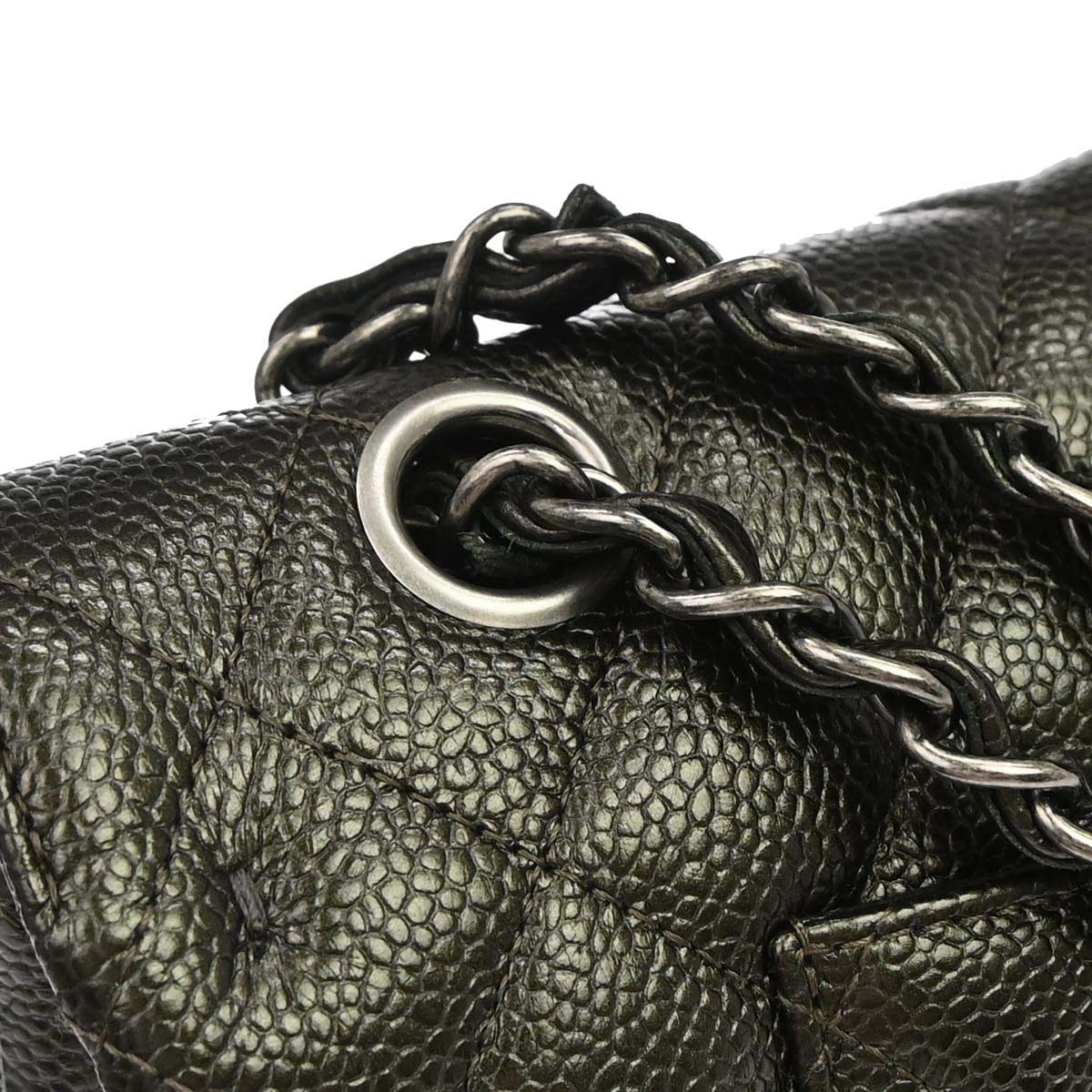 Chanel 2017 Metallic Green Caviar Skin Medium Classic Double Flap Shoulder Bag
