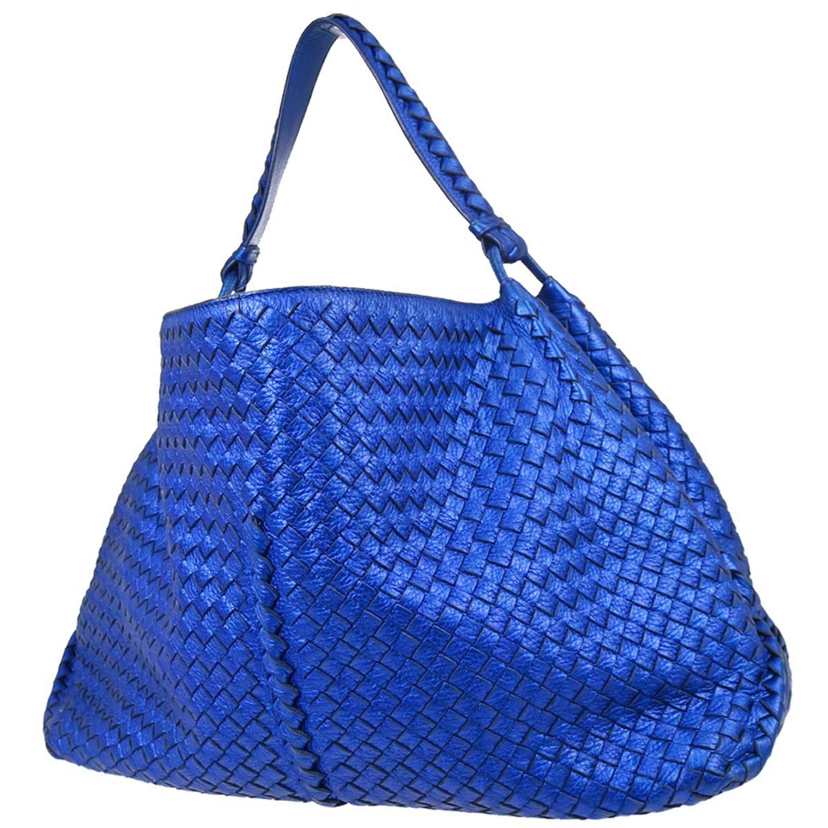 Bottega Veneta Metallic Blue Lambskin Intrecciato Hobo Handbag