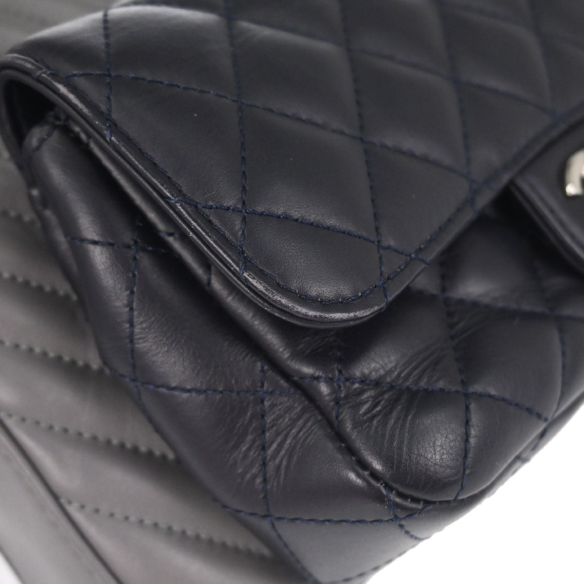 Chanel Navy Gray Lambskin Chevron Paris-Hamburg Double Camera Case Bag