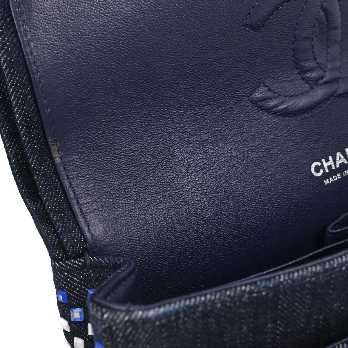 Chanel Navy Denim Crystal Medium Classic Double Flap Shoulder Bag