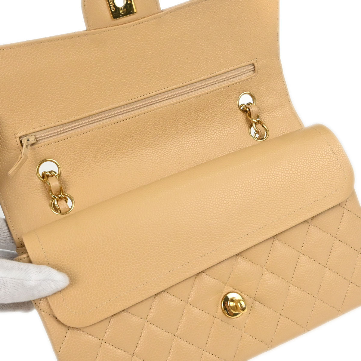 Chanel Beige Caviar Skin Medium Classic Double Flap Shoulder Bag