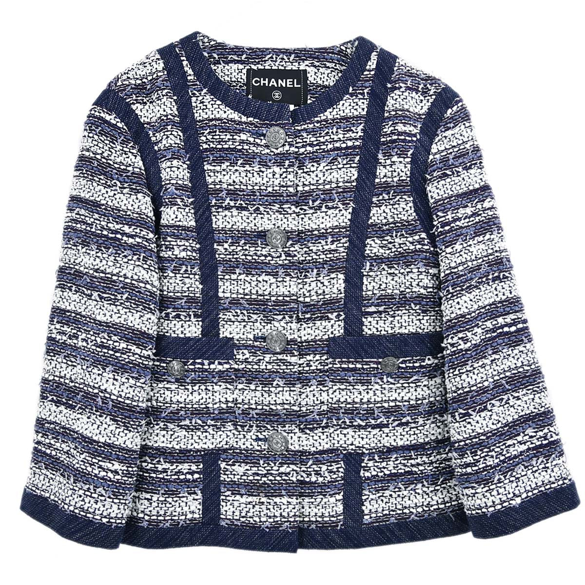 Chanel 2013 Single Breasted Collarless Tweed Jacket Navy #36