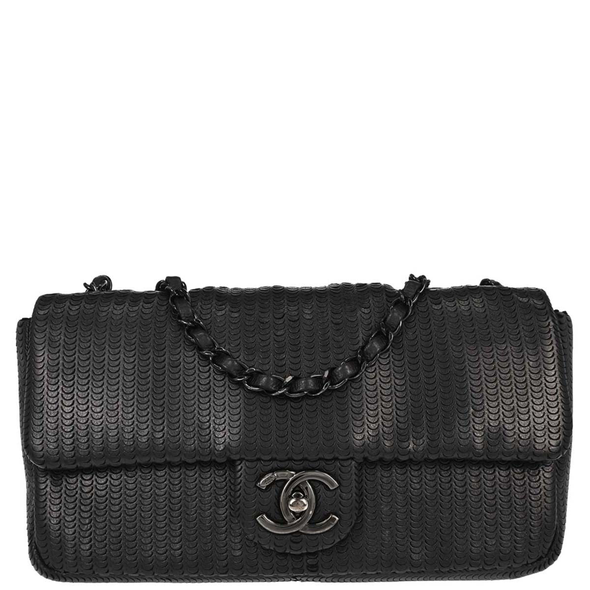 Chanel Black Lambskin Laser Cut Single Flap Shoulder Bag
