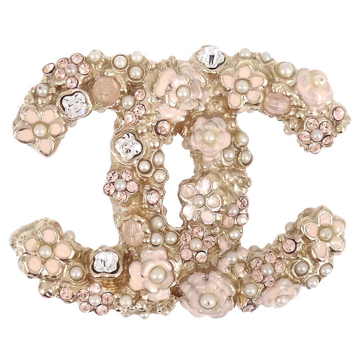 Chanel CC Flower Brooch Pin Gold Rhinestone Costume Pearl B11A