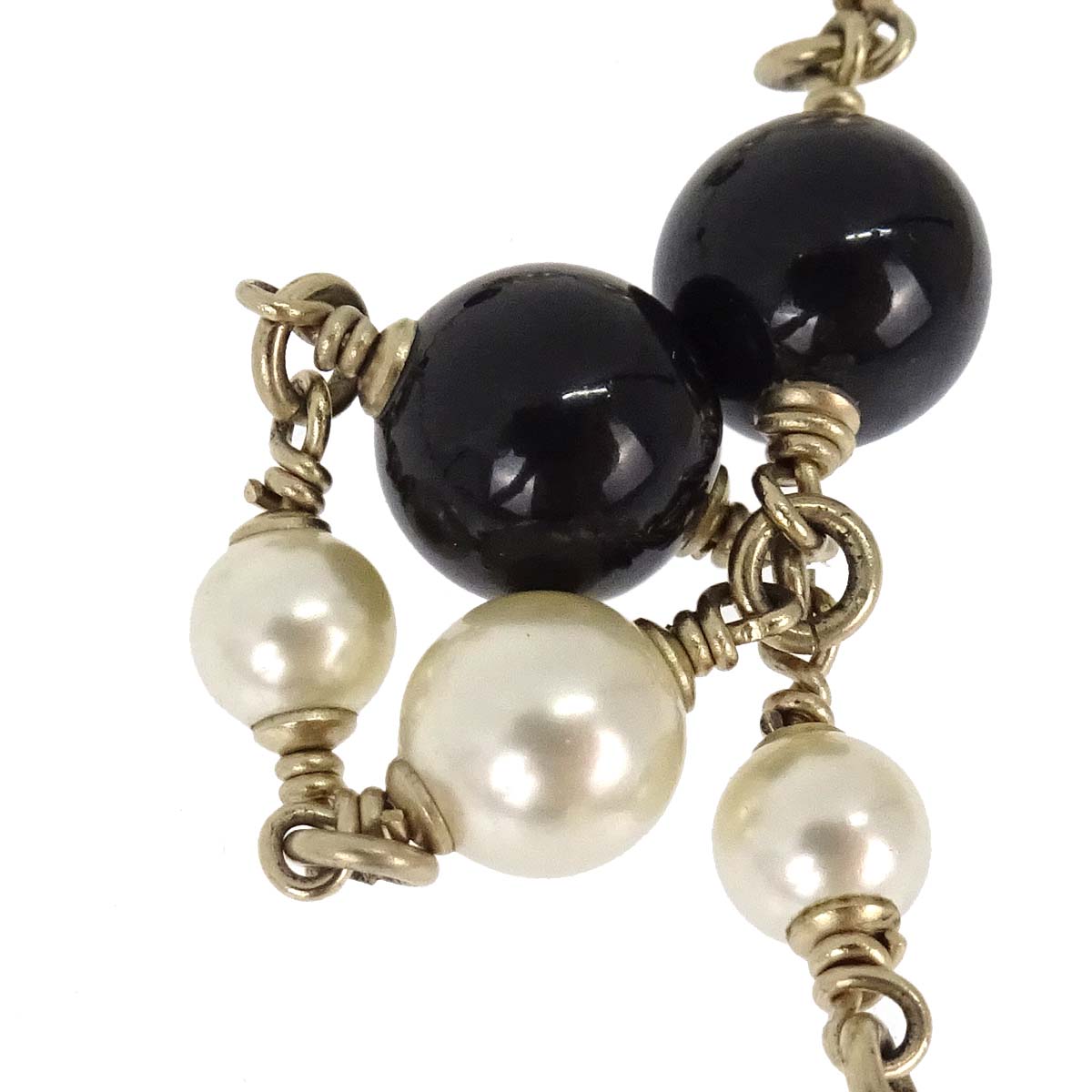 Chanel Long Chain Necklace CC Gold Black Costume Pearl B13C