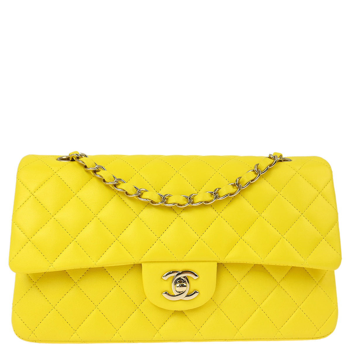 Chanel 2011 Yellow Lambskin Medium Classic Double Flap Shoulder Bag