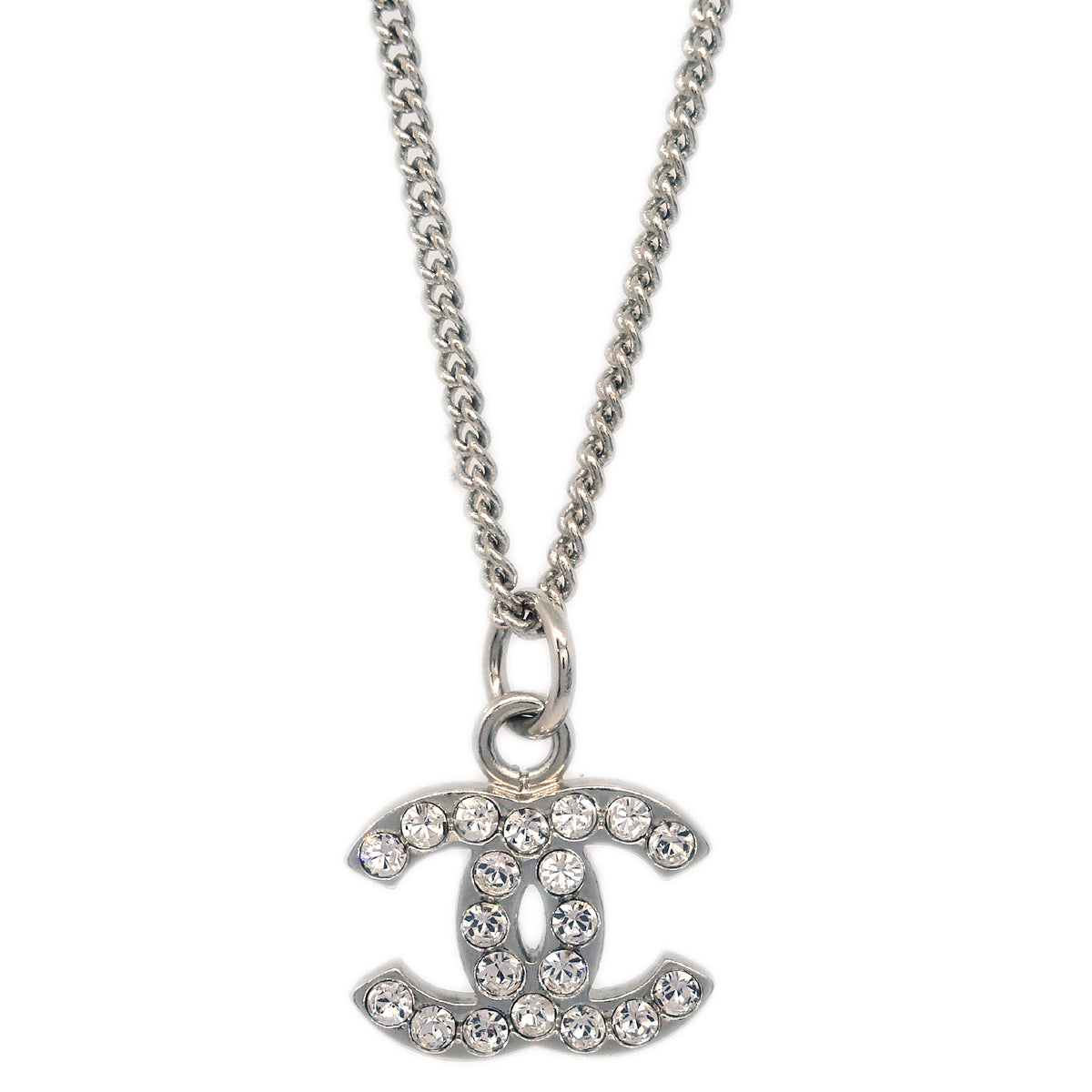 Chanel CC Chain Necklace Pendant Rhinestone Silver B10V