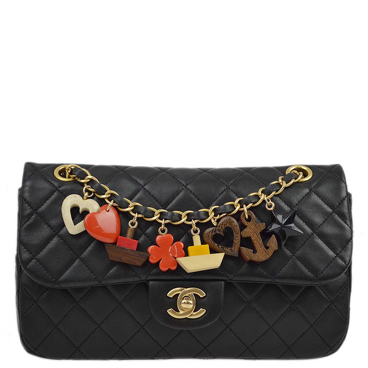 Chanel 2011 Black Lambskin Marine Charms Single Flap Shoulder Bag