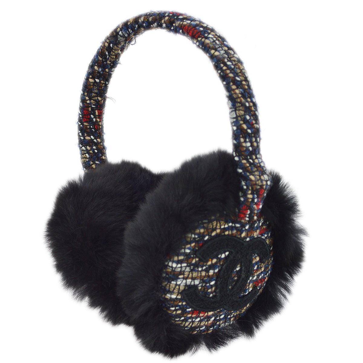 Chanel Black Fur Tweed Earmuffs Small Good