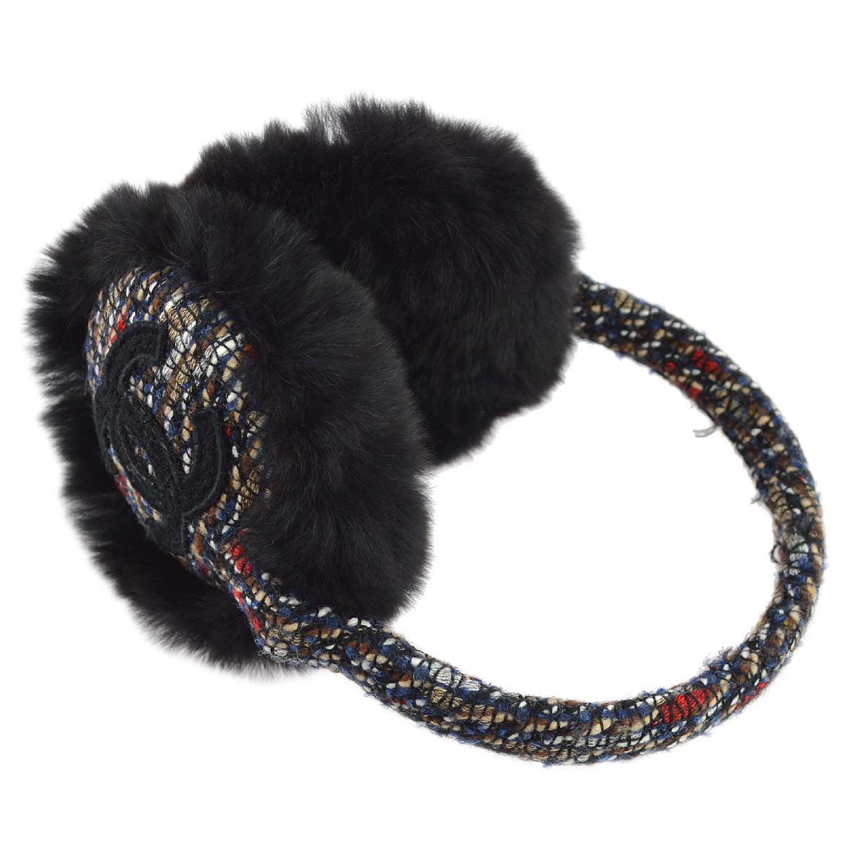 Chanel Black Fur Tweed Earmuffs Small Good