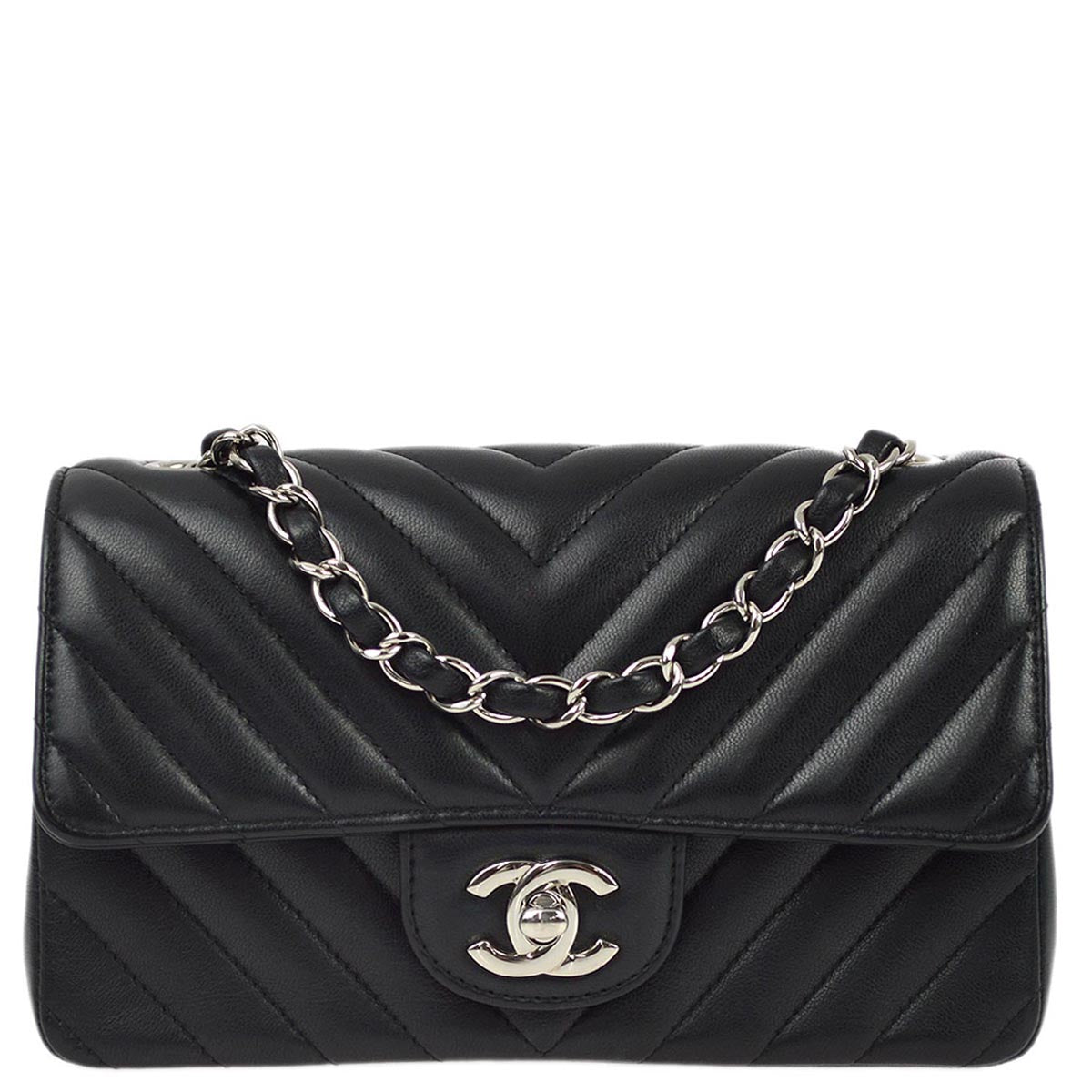 Chanel 2017-2018 Black Lambskin Chevron Chain Shoulder Bag