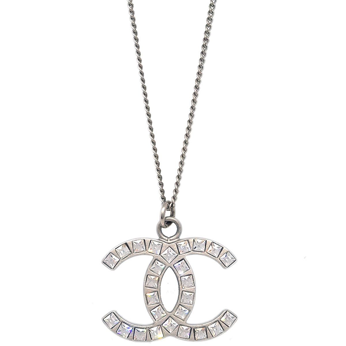 Chanel Silver Necklace Pendant Rhinestone B12A