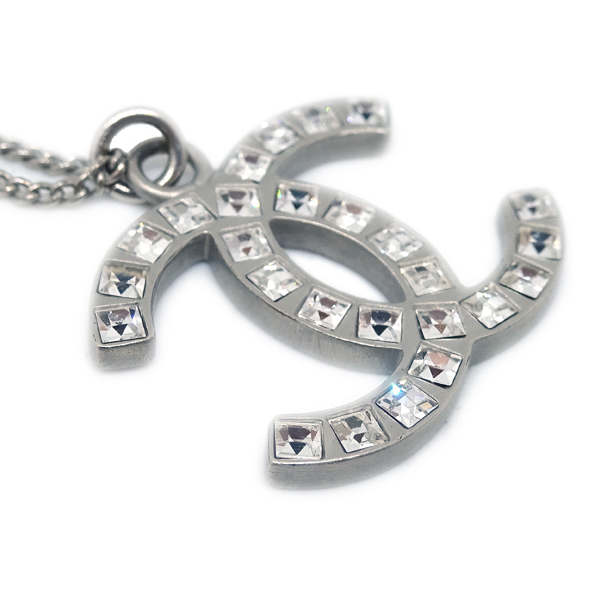 Chanel Silver Necklace Pendant Rhinestone B12A