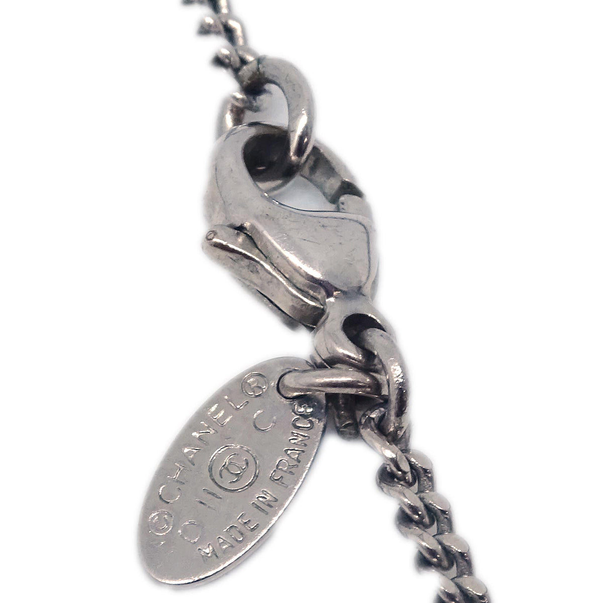 Chanel Silver Chain Necklace Pendant Rhinestone D11C