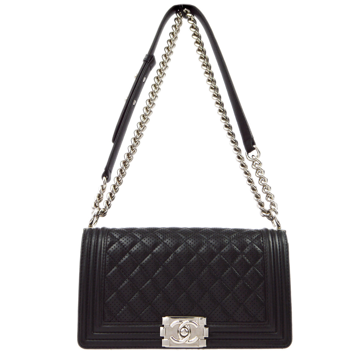 Medium Boy Chanel 2013-2014 Black Punched Lambskin Medium Double Chain Shoulder Bag