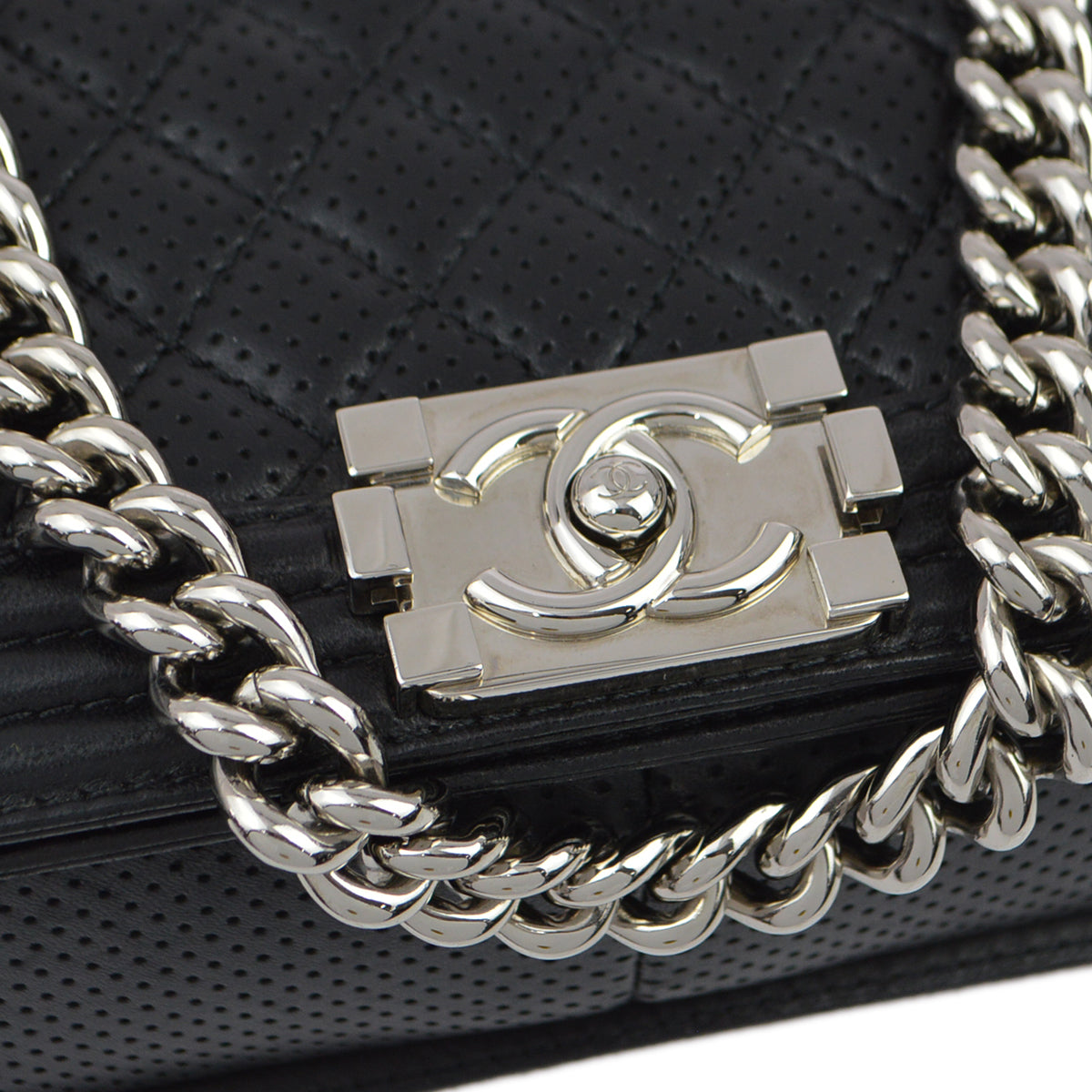 Medium Boy Chanel 2013-2014 Black Punched Lambskin Medium Double Chain Shoulder Bag