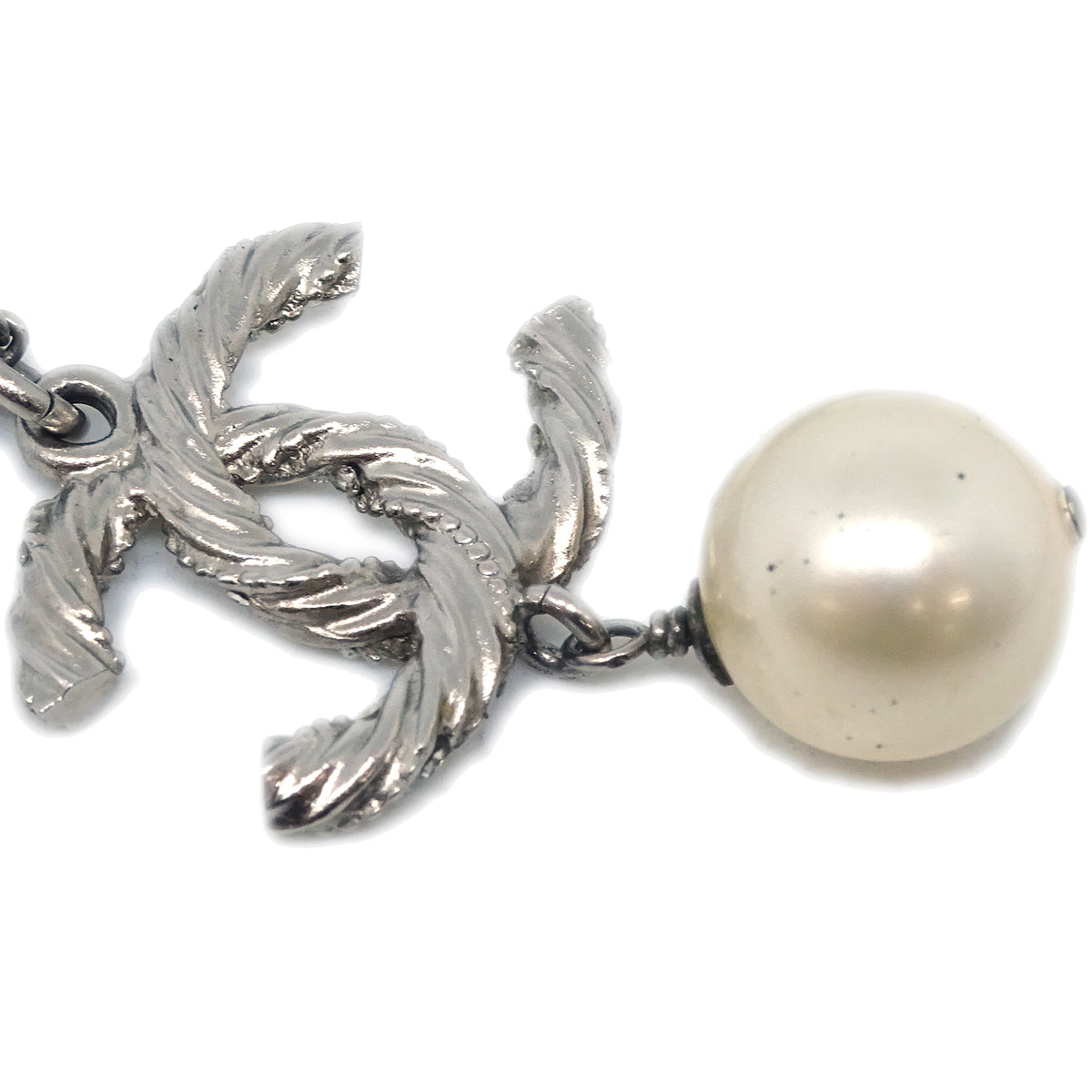 Chanel Silver Necklace Pendant Rhinestone Artificial Pearl C14V