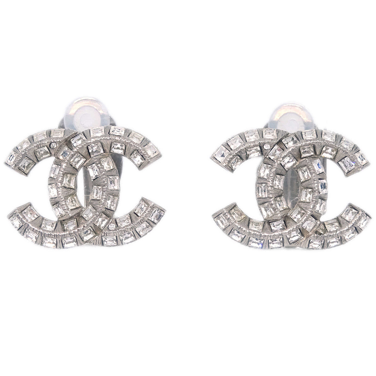 Chanel CC Rhinestone Earrings Clip-On Silver B13P