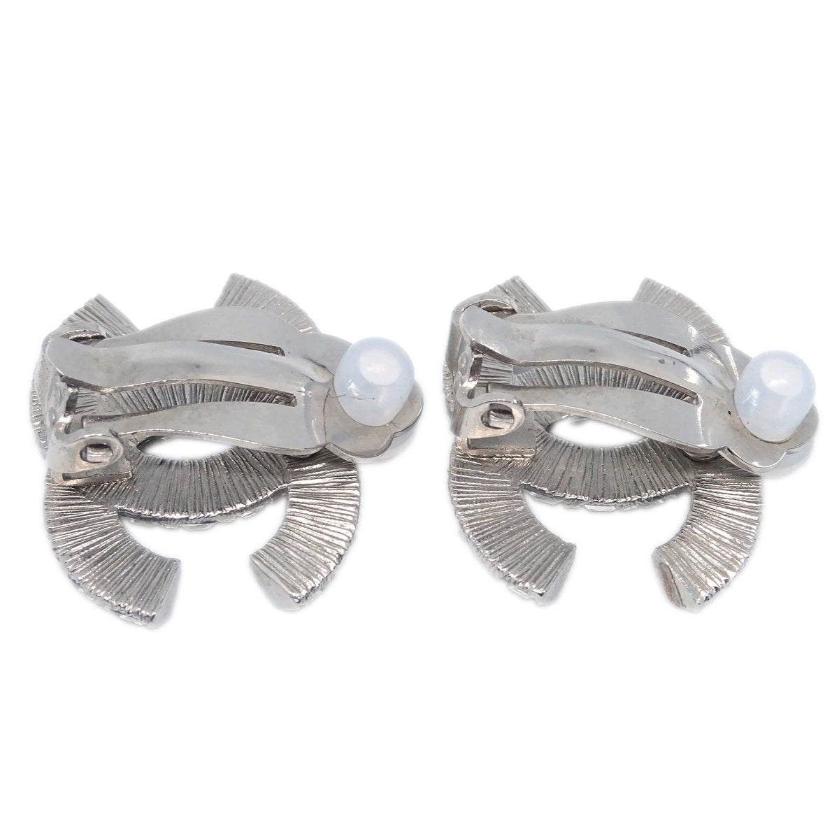 Chanel CC Rhinestone Earrings Clip-On Silver B13P