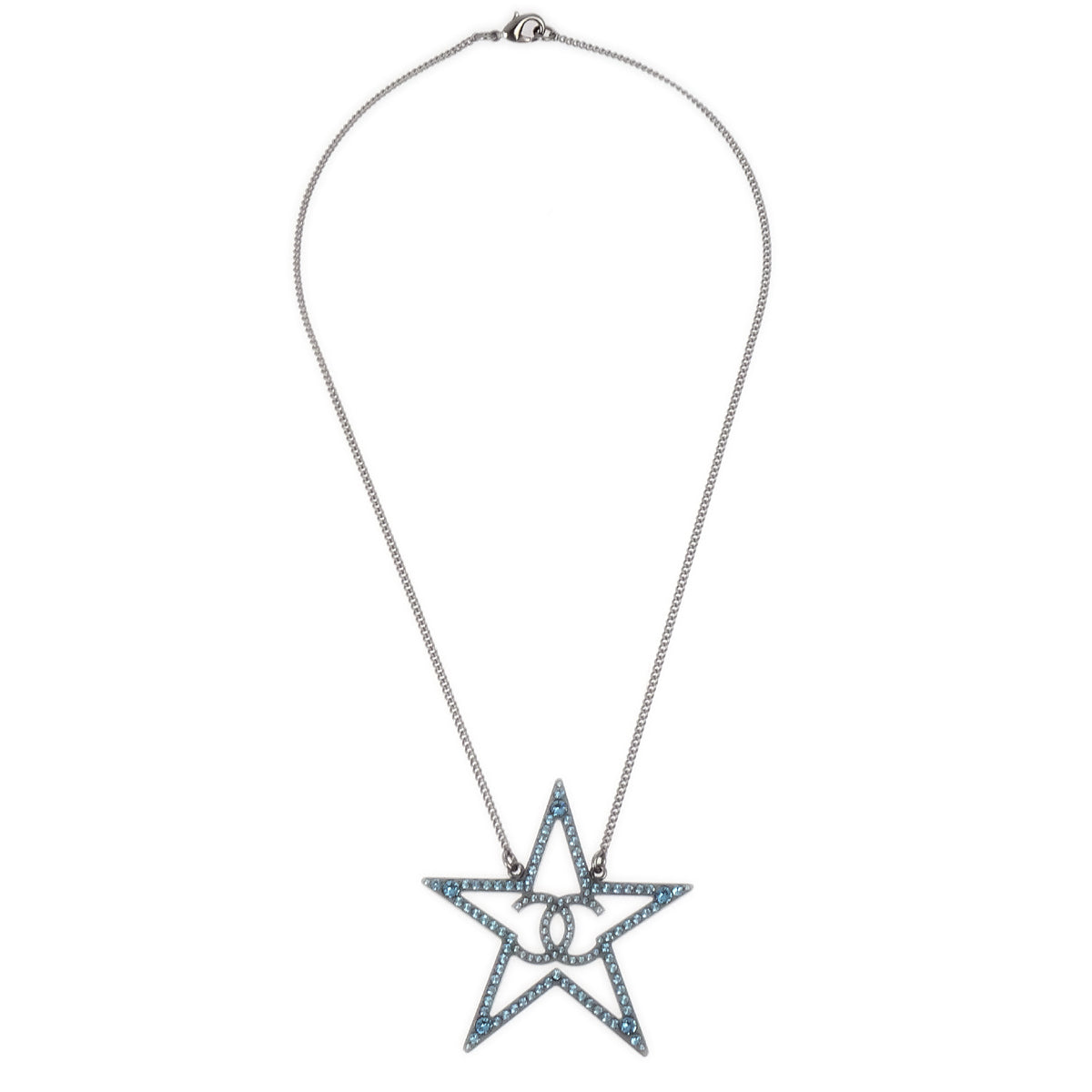 Chanel Silver Star Necklace Pendant Rhinestone B17B