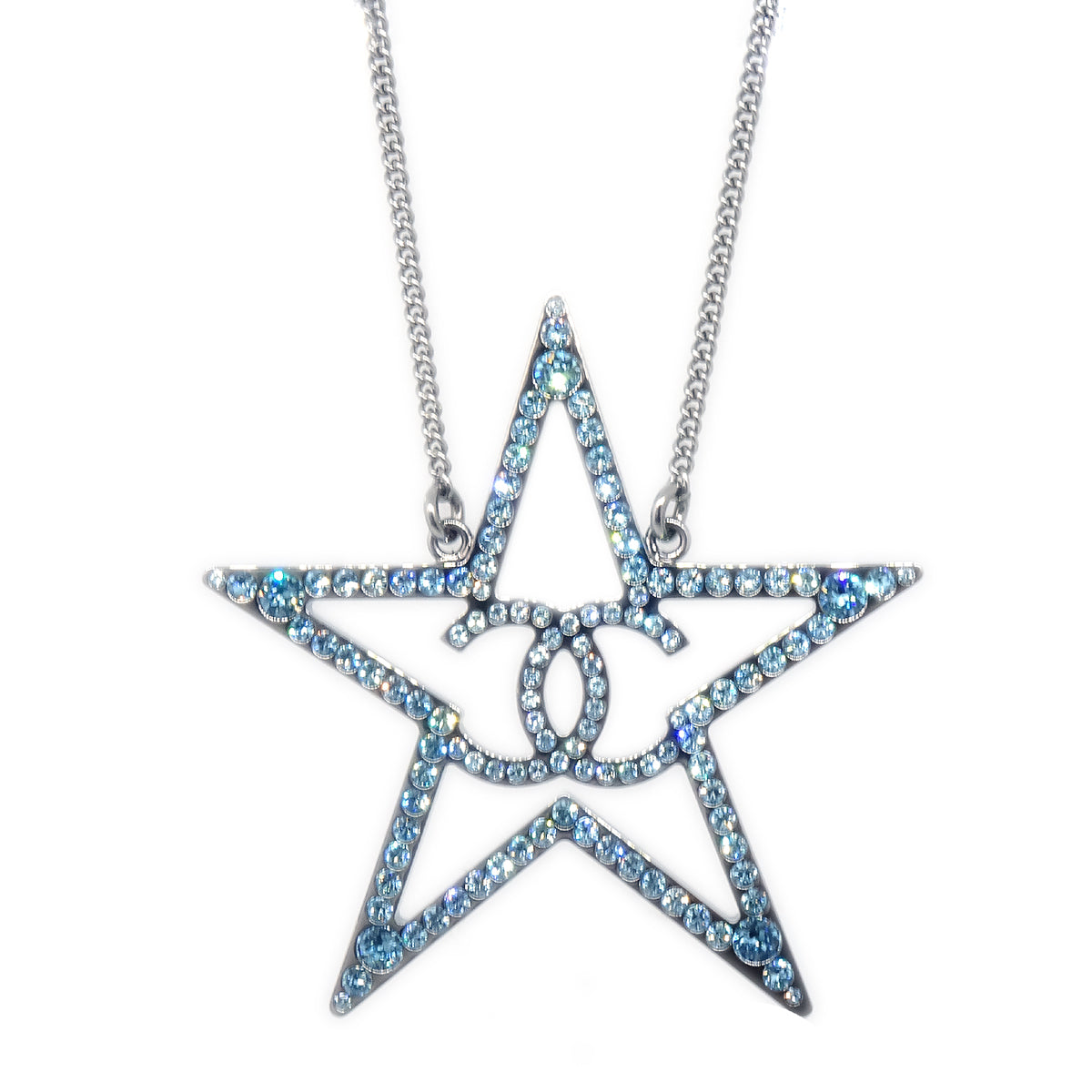 Chanel Silver Star Necklace Pendant Rhinestone B17B