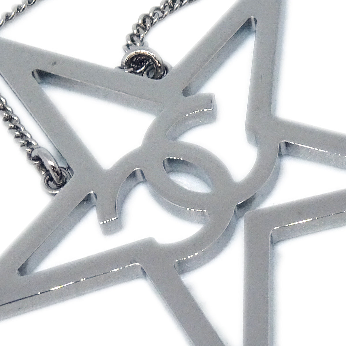 Chanel Silver Star Necklace Pendant Rhinestone B17B