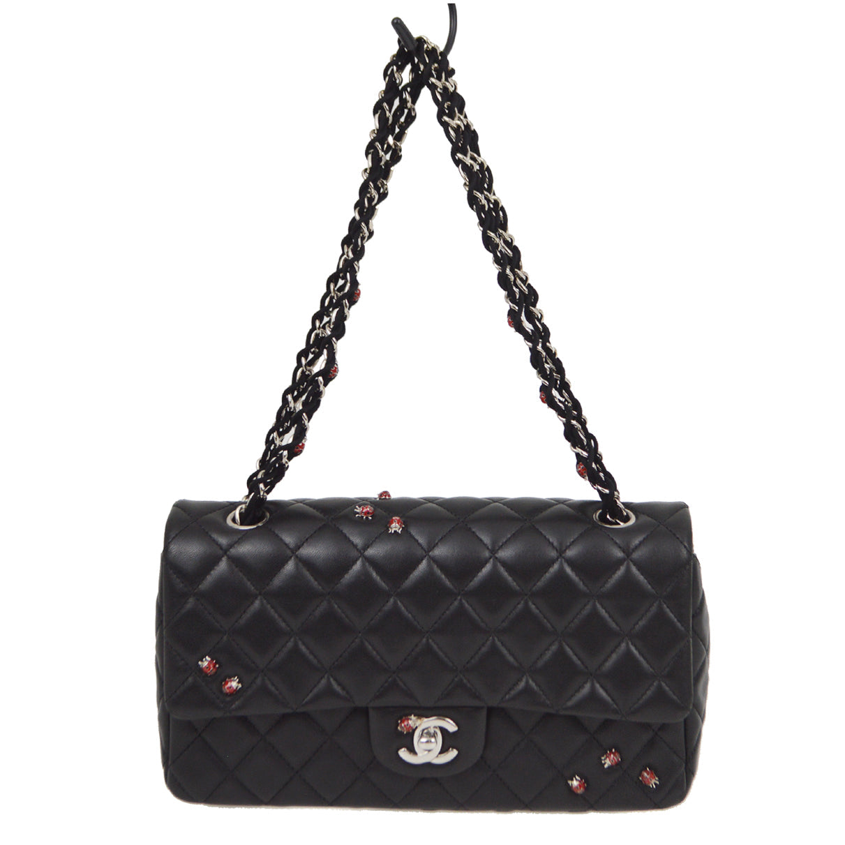 Chanel 2010-2011 Black Lambskin Ladybug Single Flap Shoulder Bag