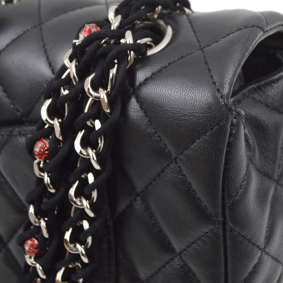 Chanel 2010-2011 Black Lambskin Ladybug Single Flap Shoulder Bag