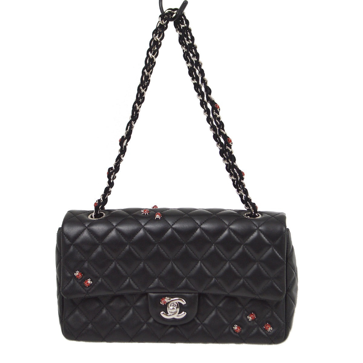 Chanel 2010-2011 Black Lambskin Ladybug Single Flap Shoulder Bag