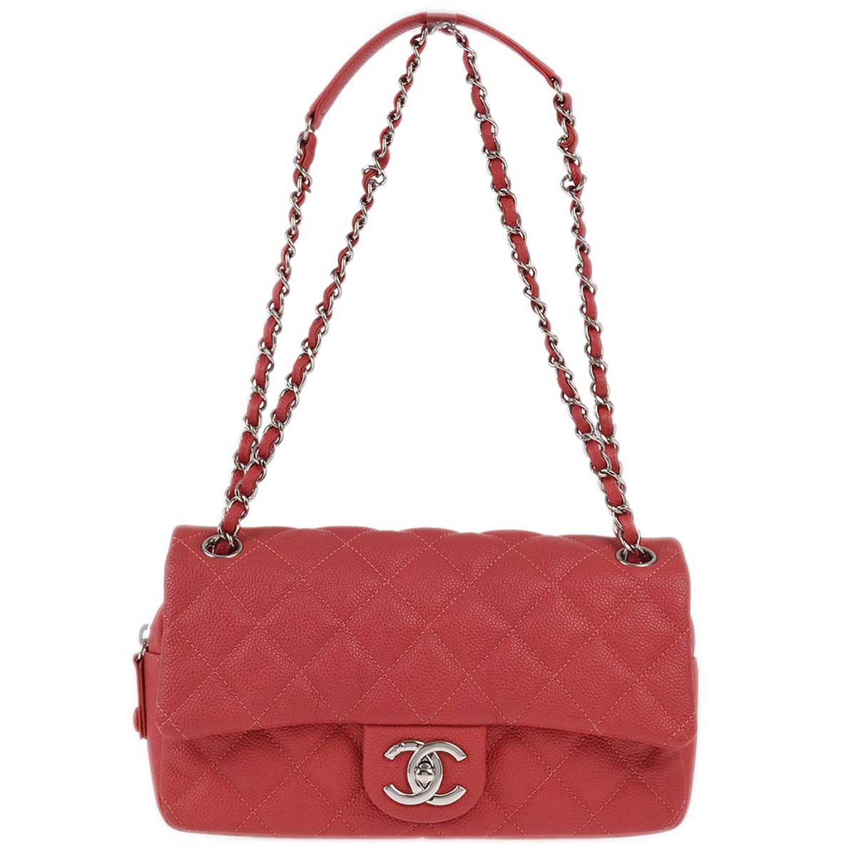 Chanel 2014-2015 Red Caviar Easy Double Chain Flap Shoulder Bag