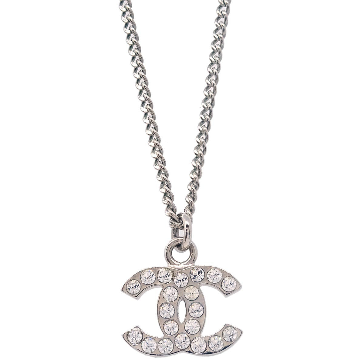 Chanel Silver Chain Necklace Pendant Rhinestone B11V