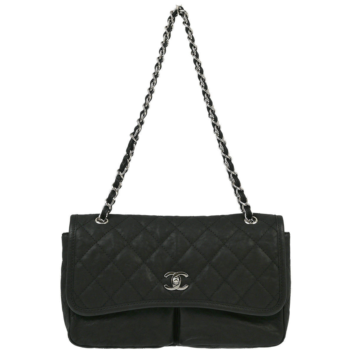 Chanel 2010-2011 Black Aged Calfskin Stitch It Double Pocket Flap Bag
