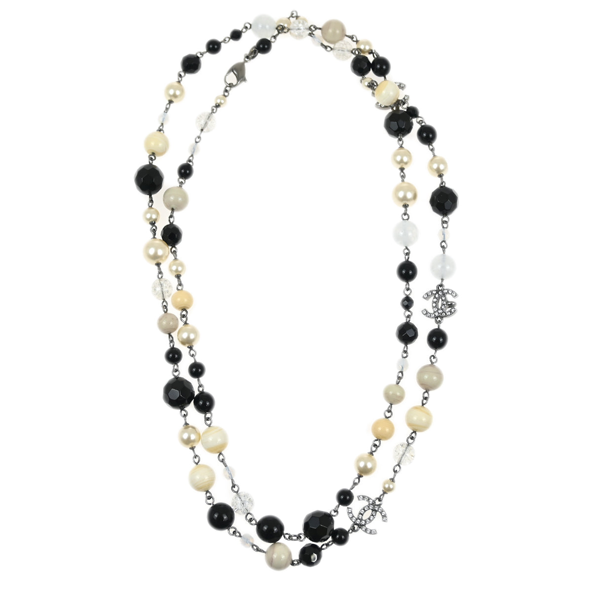 Chanel Chain Necklace Artificial Pearl Rhinestone Silver 10A
