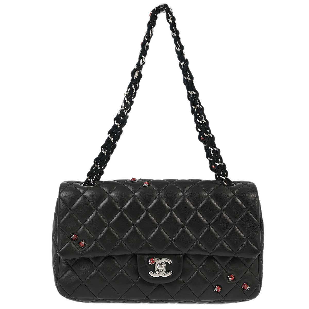 Chanel 2010-2011 Black Lambskin Ladybug Single Flap Shoulder Bag