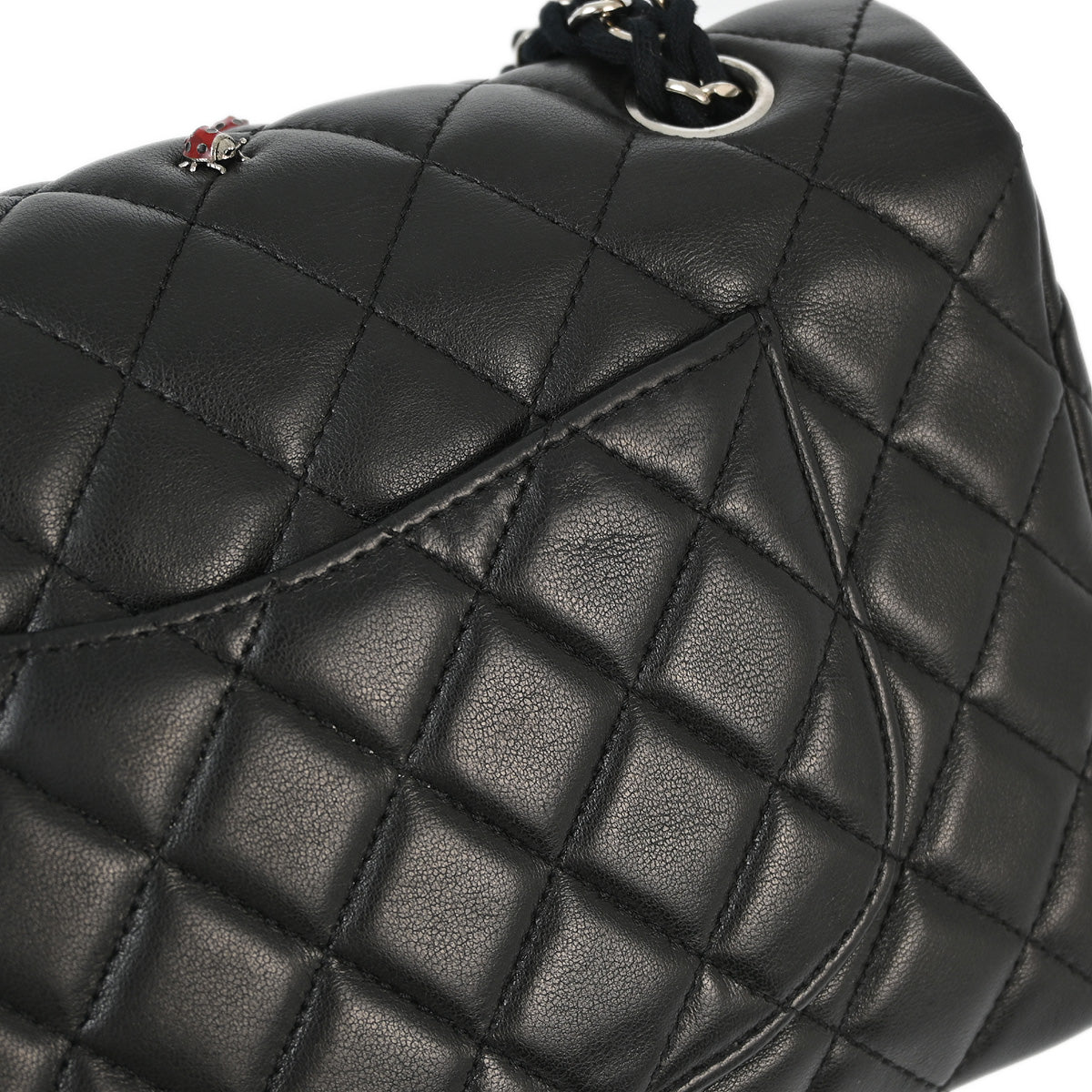 Chanel 2010-2011 Black Lambskin Ladybug Single Flap Shoulder Bag