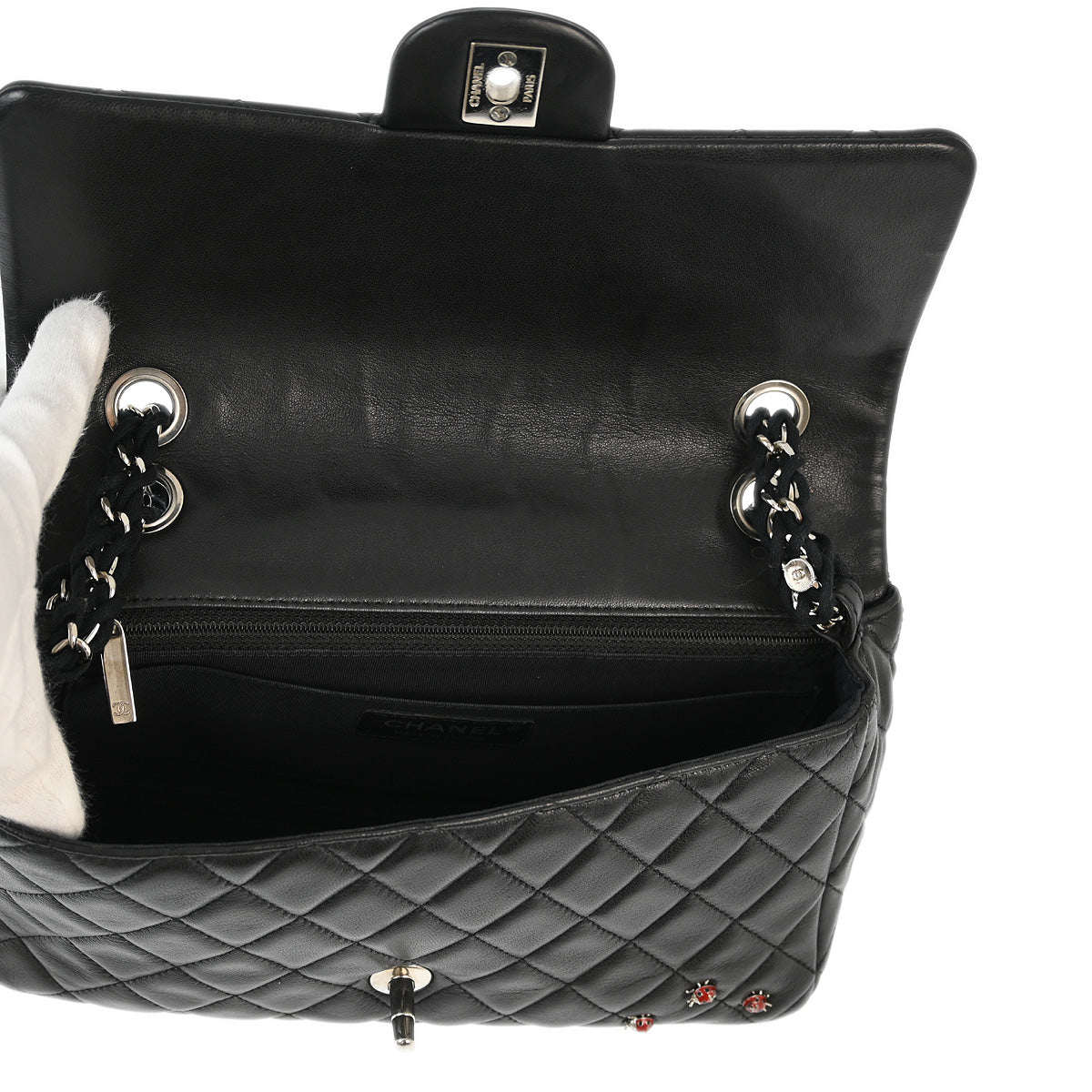 Chanel 2010-2011 Black Lambskin Ladybug Single Flap Shoulder Bag