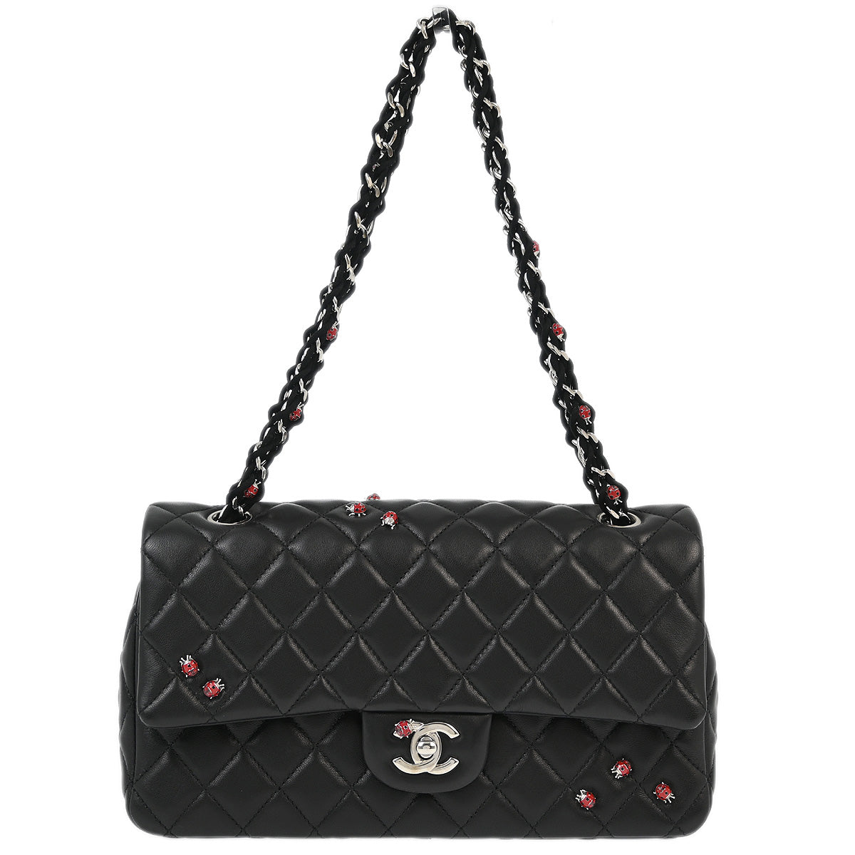 Chanel 2010-2011 Black Lambskin Ladybug Single Flap Shoulder Bag