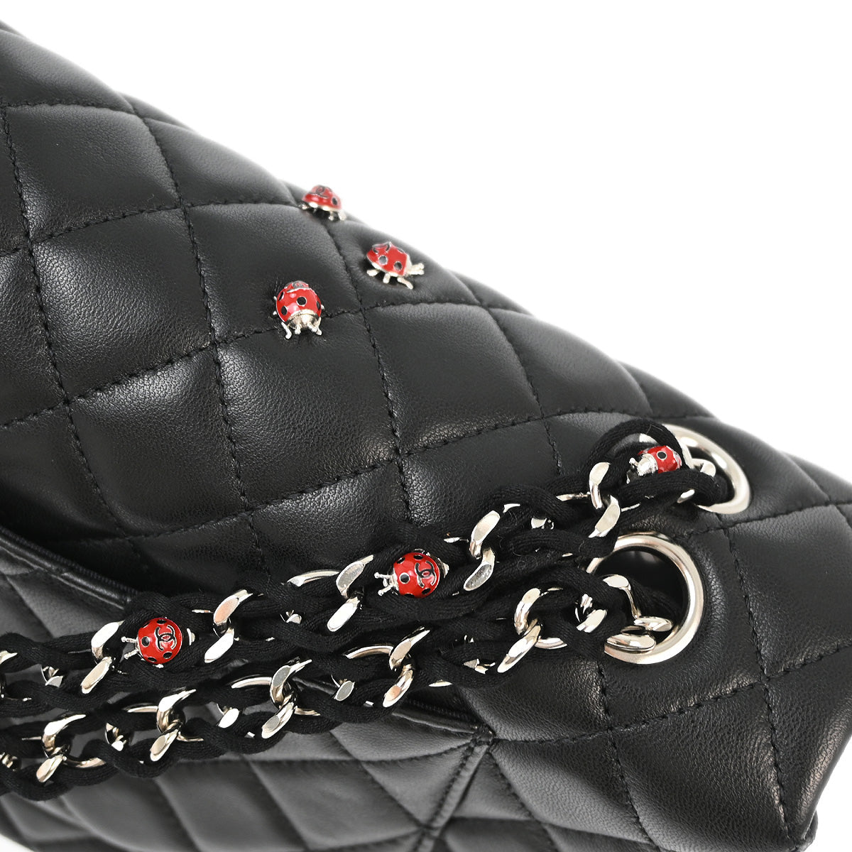 Chanel 2010-2011 Black Lambskin Ladybug Single Flap Shoulder Bag