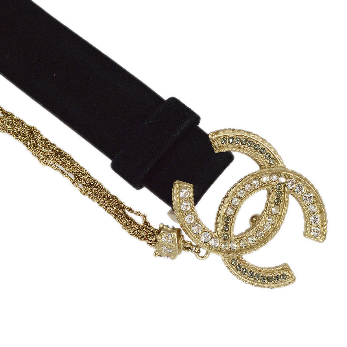 Chanel Black Gold Suede Belt Rhinestone #85/34 A12C Small Good