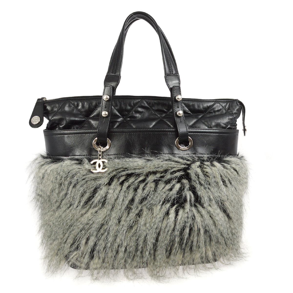 Chanel 2010-2011 Black Fur Lambskin Paris-Biarritz Tote Handbag