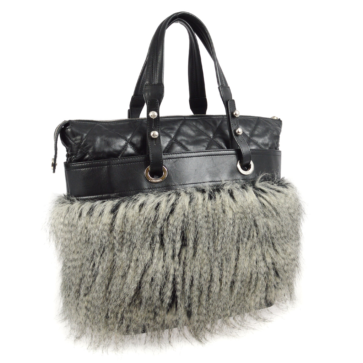 Chanel 2010-2011 Black Fur Lambskin Paris-Biarritz Tote Handbag