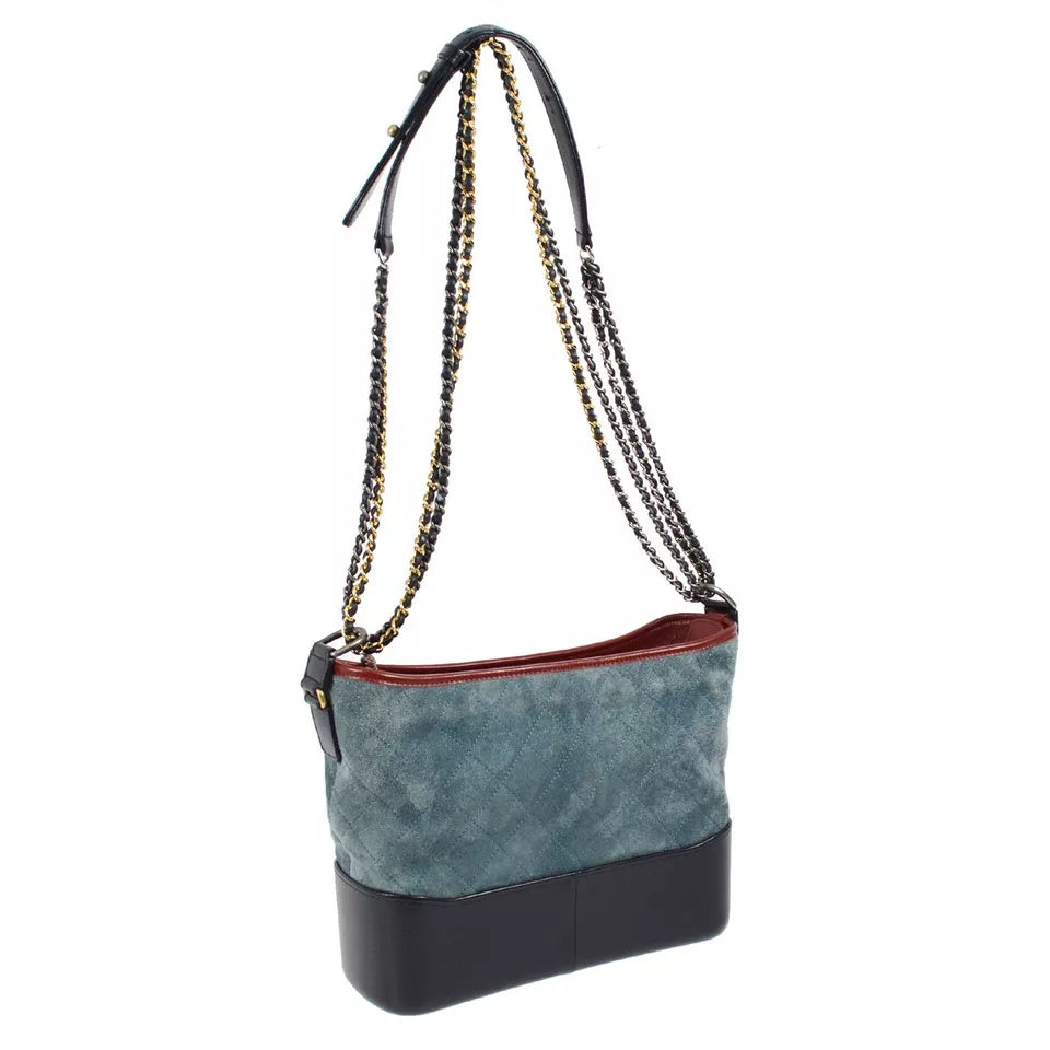 Chanel 2017 Blue Black Suede Medium Lambskin Gabrielle Shoulder Bag