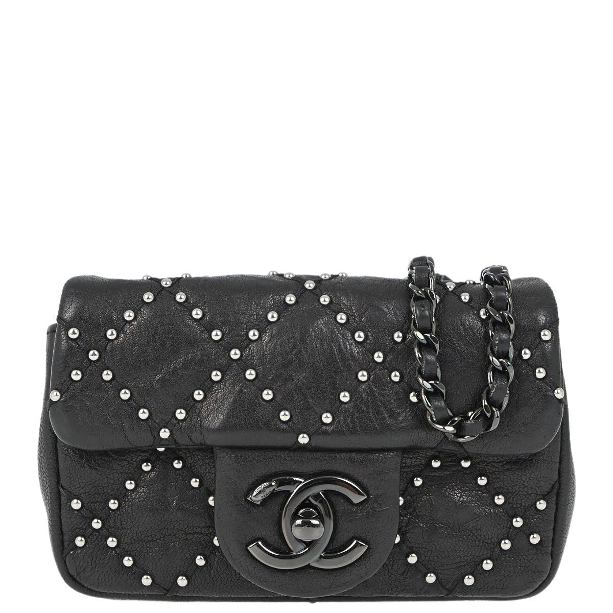 Chanel 2014 Black Lambskin Studded Classic Single Flap Shoulder Bag