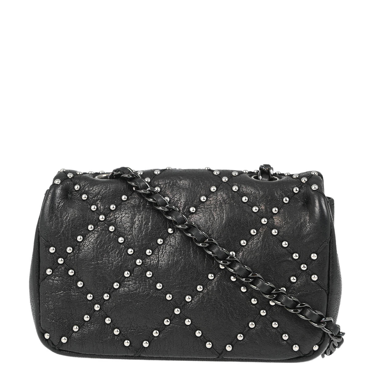 Chanel 2014 Black Lambskin Studded Classic Single Flap Shoulder Bag