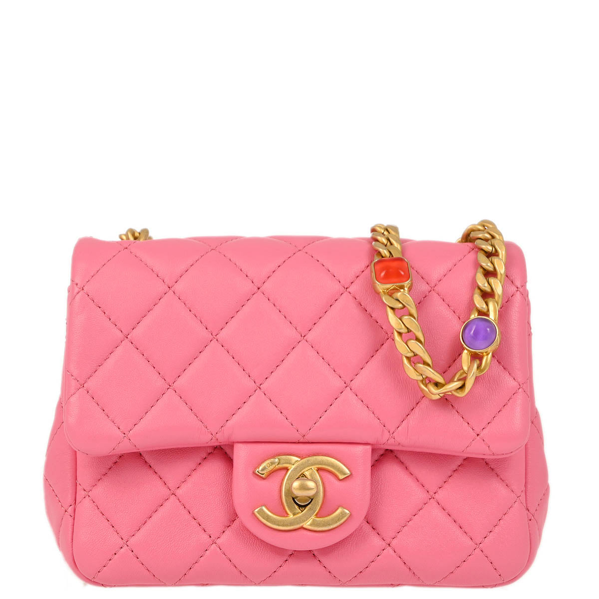 Chanel 2021 Pink Lambskin Mini Classic Square Flap Shoulder Bag