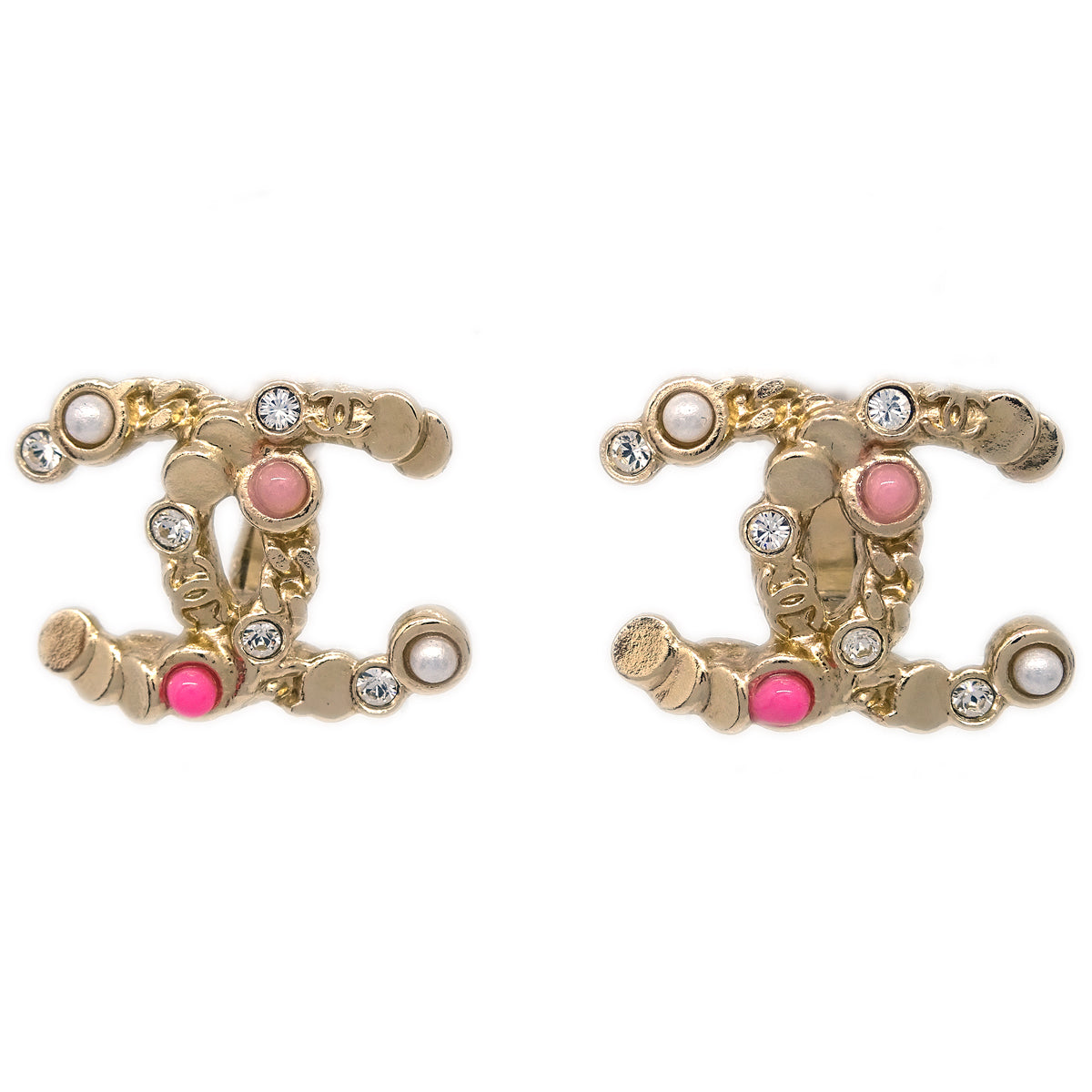 Chanel CC Earrings Clip-On Rhinestone Artificial Pearl Gold A19S
