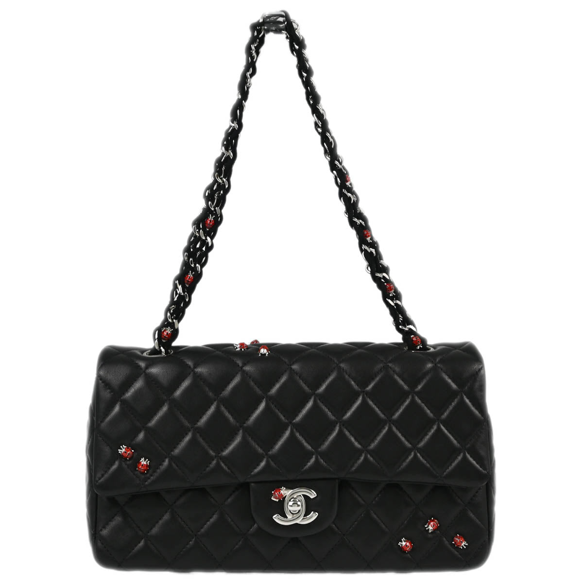 Chanel 2010-2011 Black Lambskin Ladybug Single Flap Shoulder Bag